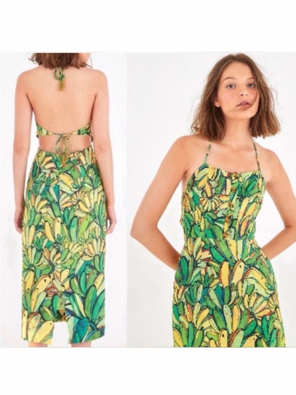FARM Rio Green and Yellow Tropical Banana Linen Midi Dress